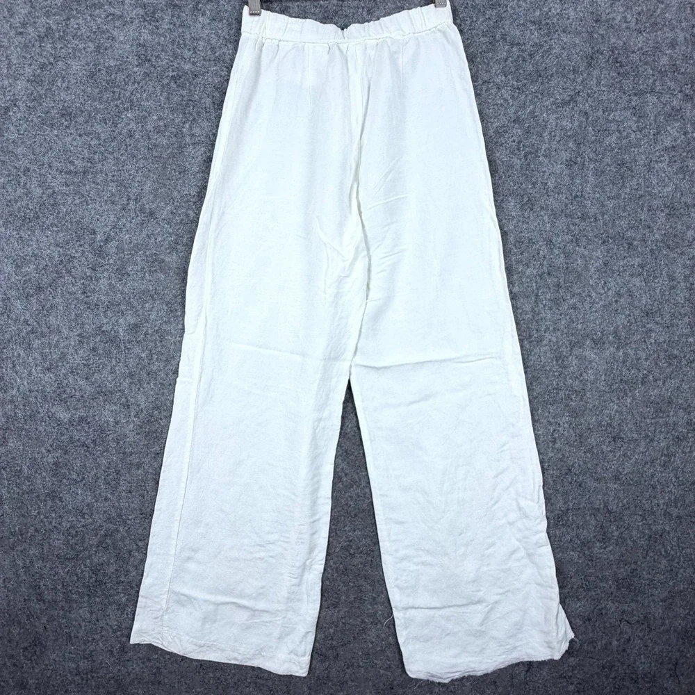 H&M Linen Blend Wide Leg Pants Womens 2 White Relaxed Bohemian Beach